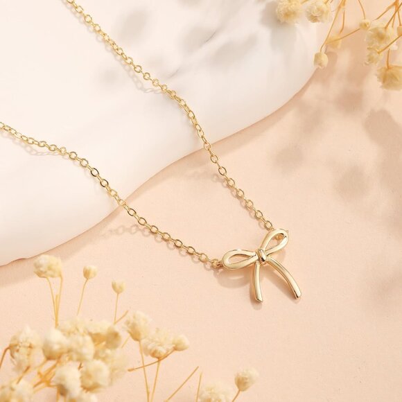Women's Gold Necklace Cute Small Tiny Bow Pendant Choker Chain Necklace - Picture 4 of 8